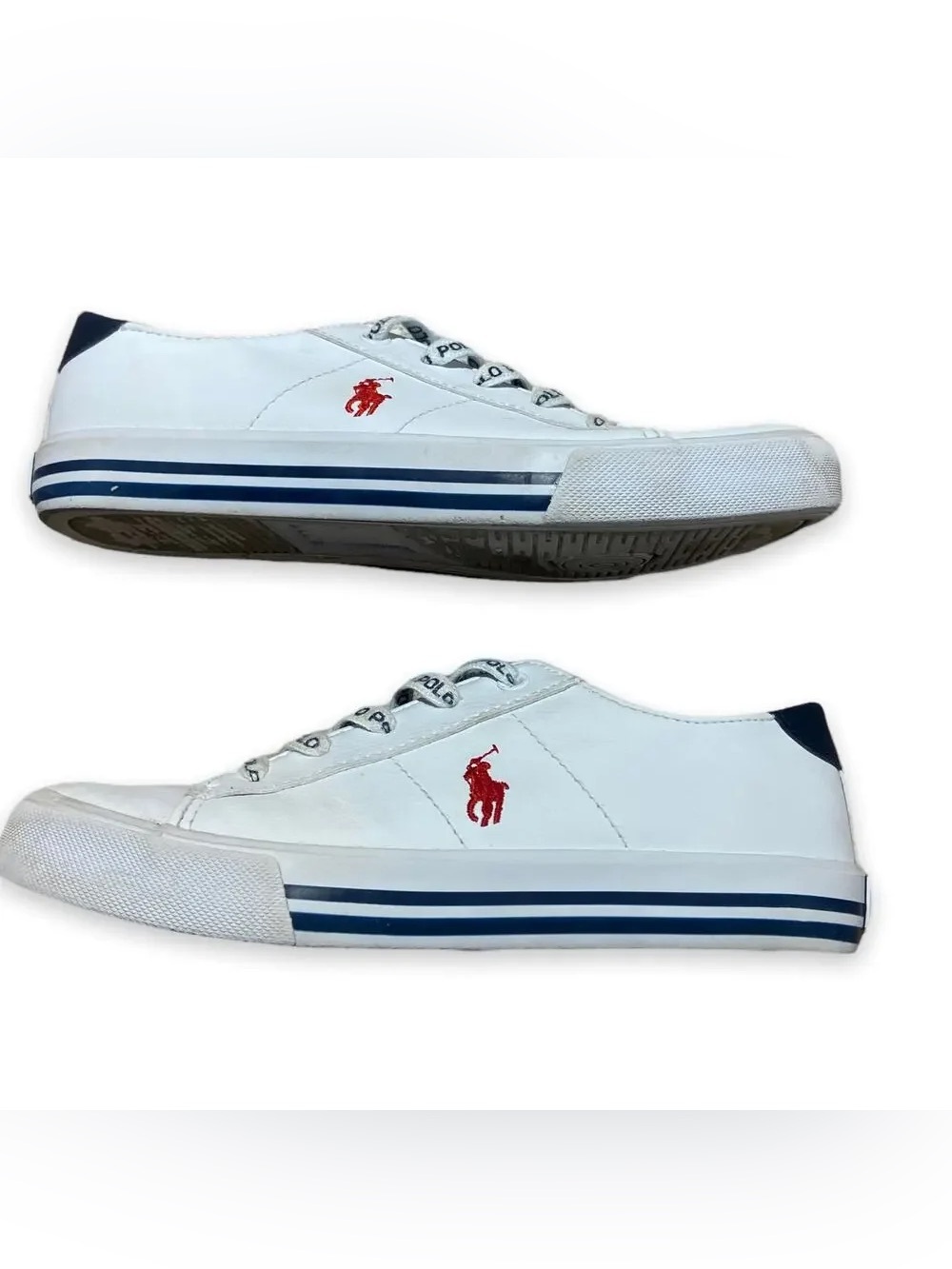 Polo Ralph‎ Lauren Youth Shoes Size 2 White Leather Lace Up Sneakers Navy Red